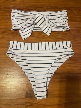 Striped White & Navy Bandeau Bikini Set